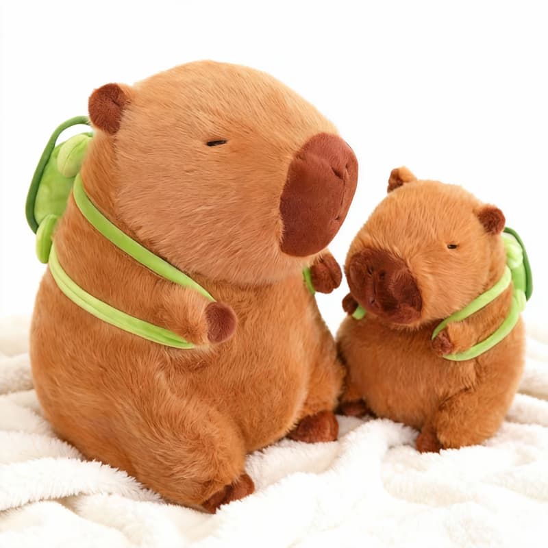 Cute 7.8" Capybara plushie in brown, nestled in a turtle bag, by ToyNeighbor, showcasing its soft texture and playful design.