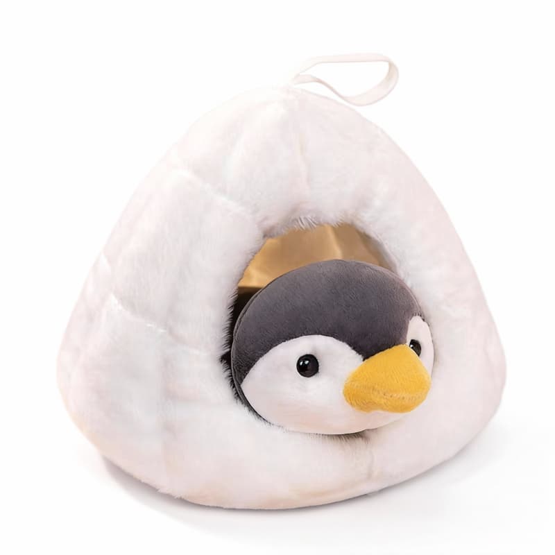 Soft ToyNeighbor plush penguin sitting inside a white igloo, measuring 7.87 inches tall.