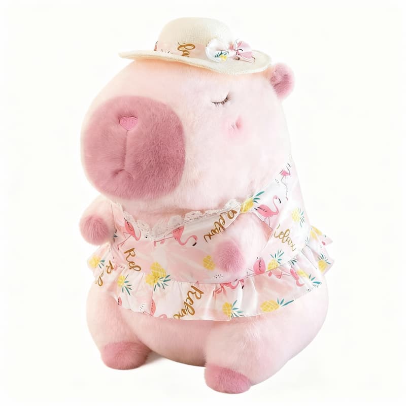 Pink capybara plushie wearing a floral dress and sun hat, measuring 11.8 inches, by ToyNeighbor.