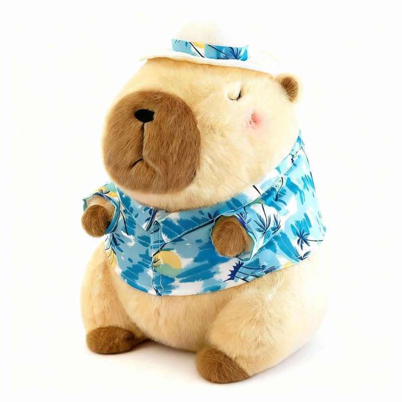 Brown capybara plushie wearing a Hawaiian shirt, 11.8 inches tall, from ToyNeighbor, sitting on a colorful background.