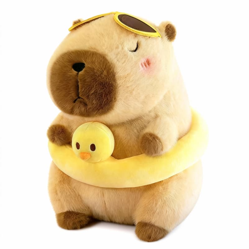 Cute ToyNeighbor capybara plushie wearing glasses, with a yellow swim ring, measuring 11.8 inches.