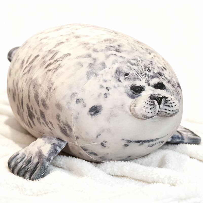 Ultra soft gray spotted seal plushie by ToyNeighbor, showcasing its cuddly texture and adorable design.