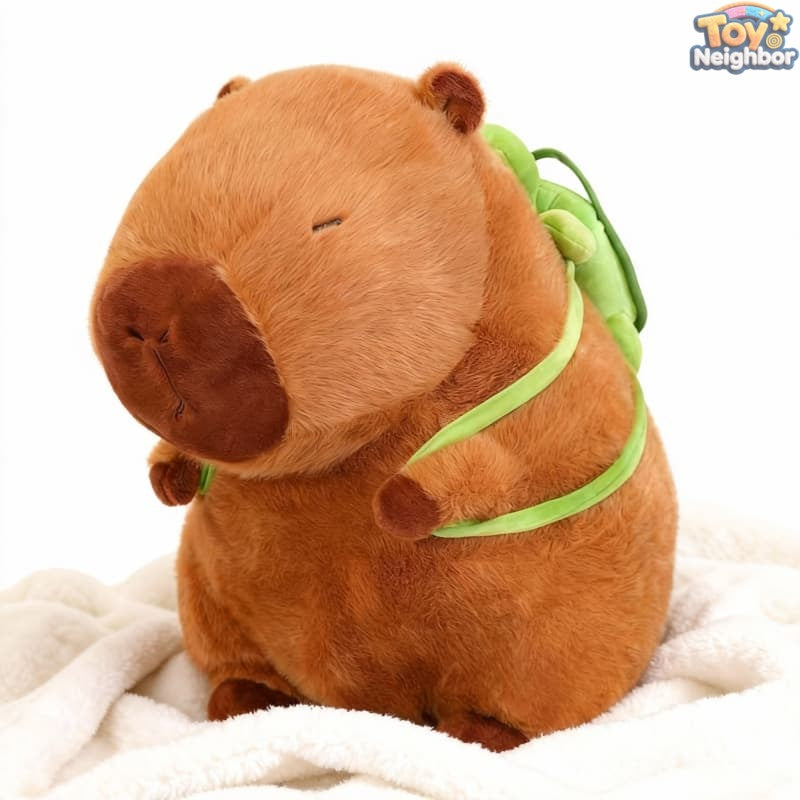 Cute 7.8" brown Capybara plushie with a turtle bag, made by ToyNeighbor, showcasing its soft texture and adorable features.