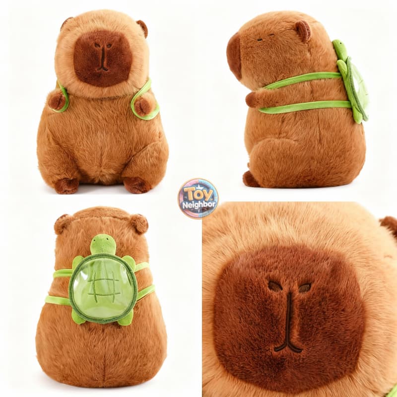Cute brown capybara plushie with turtle bag, 7.8 inches tall, by ToyNeighbor, showcasing its soft fur and playful design.