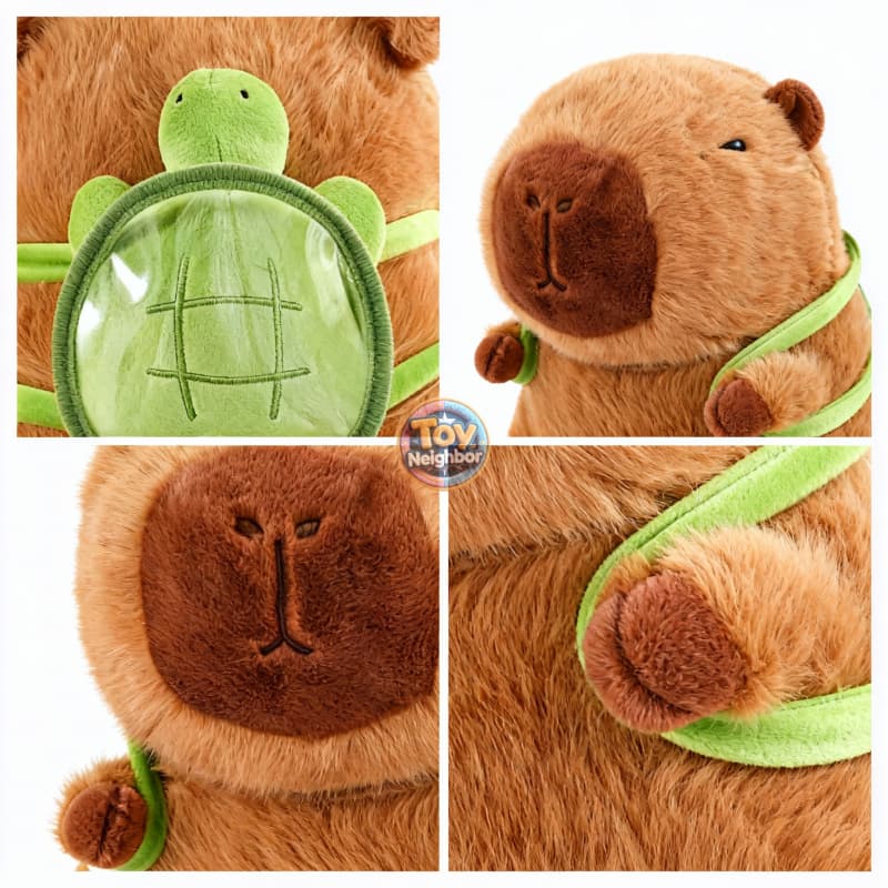 Cute brown capybara plushie with turtle bag, 7.8 inches, by ToyNeighbor, sitting on a soft surface.