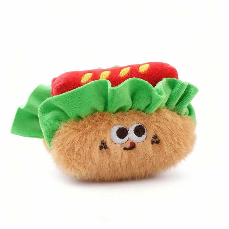 Soft stuffed hot dog plush pendant by ToyNeighbor, measuring 3.54 inches, with vibrant colors and cute facial features.