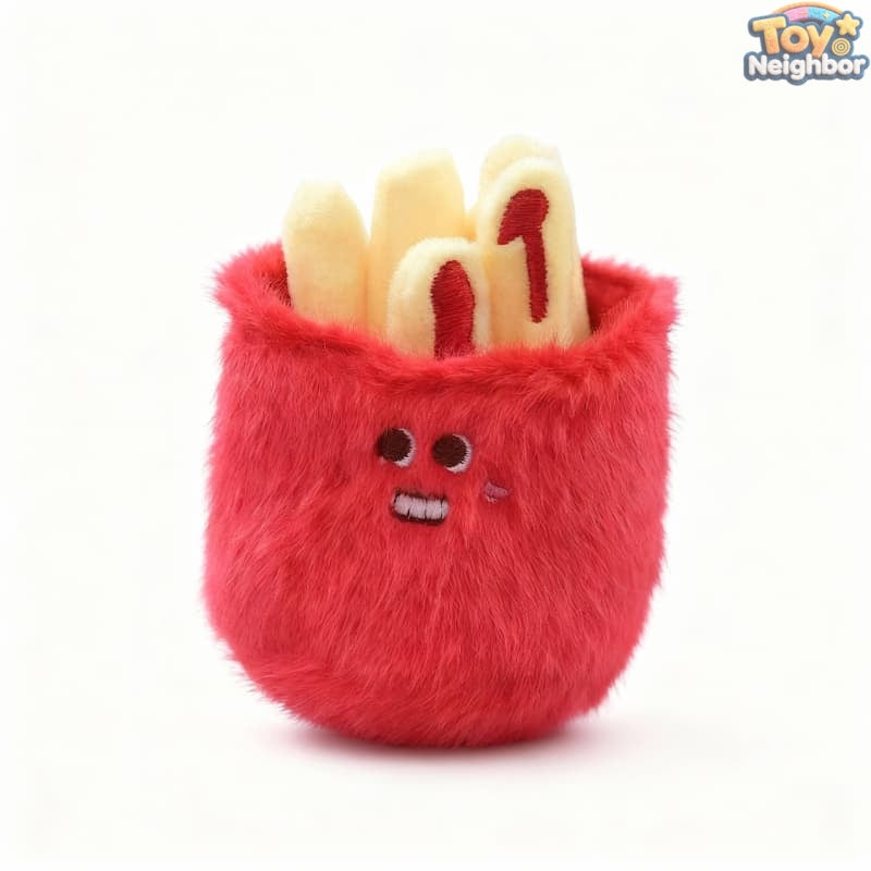 Soft red French fry plush pendant by ToyNeighbor, measuring 3.74 inches, showcasing its cute design and fluffy texture.