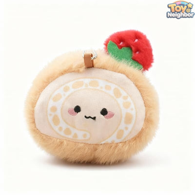 Soft stuffed strawberry roll cake charm pendant by ToyNeighbor, featuring realistic details and a cute design.