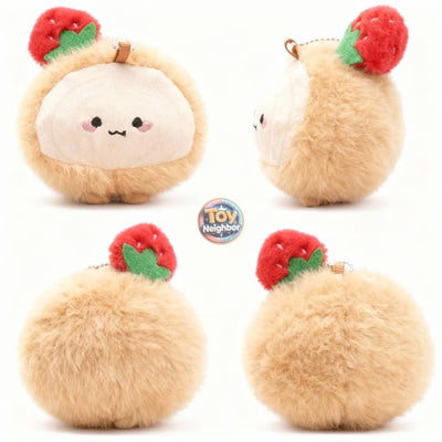 Soft plush strawberry roll cake charm pendant by ToyNeighbor, measuring 3.5 inches, with vibrant colors and detailed design.
