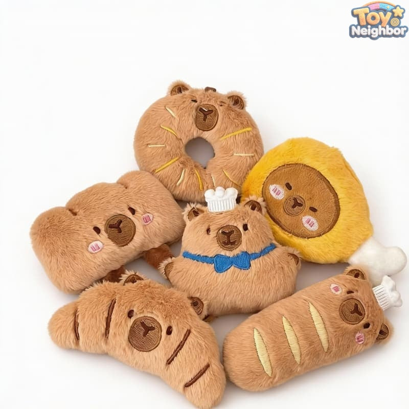ToyNeighbor plushie set of 6 capybara-themed hanging decorations in various colors and cute expressions.