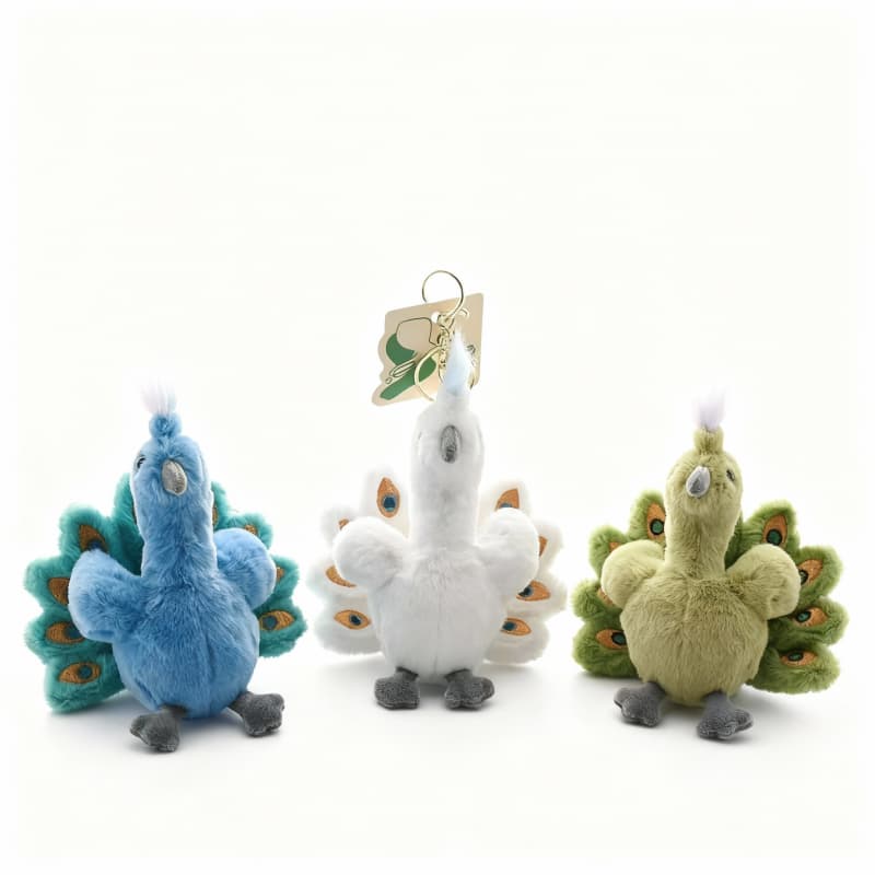 ToyNeighbor plushie featuring colorful peacock design, showcasing soft, fluffy texture and vibrant feathers.