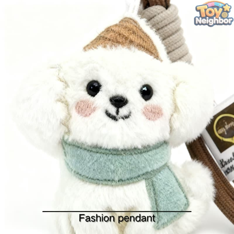 Cute 3" Bichon Frise plush dog keychain pendant with a smiling face and fluffy fur, perfect for dog lovers.