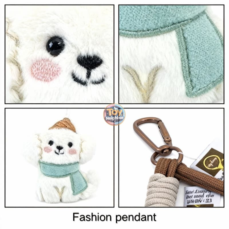 Cute Bichon Frise plush dog keychain, 3-inch fluffy puppy pendant with a smiling face by ToyNeighbor.