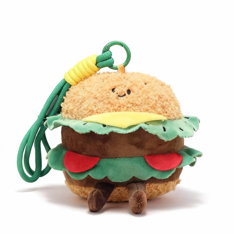 Cute plush hamburger keychain, 4" soft burger bag charm by ToyNeighbor, featuring vibrant colors and a soft texture.