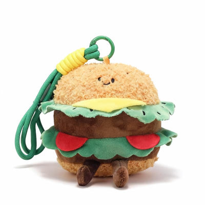 Cute plush hamburger keychain, 4" soft burger bag charm by ToyNeighbor, featuring vibrant colors and a soft texture.