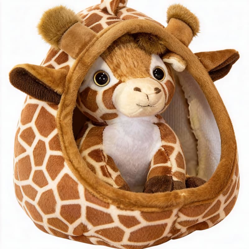 Giraffe plushie in cozy nest with detachable soft pet bed, 7-inch toy from ToyNeighbor, perfect for cuddling.