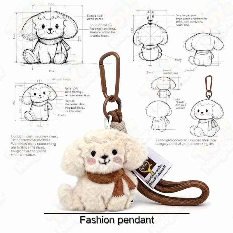 3-inch ToyNeighbor puppy plush keychain with a cute dog wearing a scarf, soft charm pendant against a neutral background.