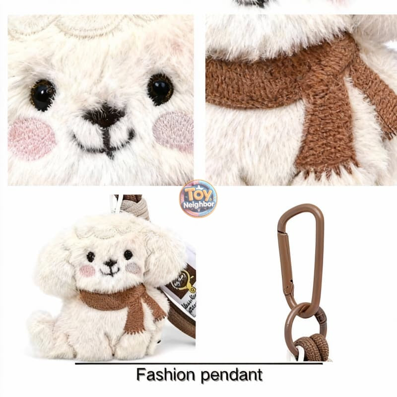 3-inch ToyNeighbor puppy plush keychain with a cute dog wearing a scarf, soft charm pendant on a keyring.