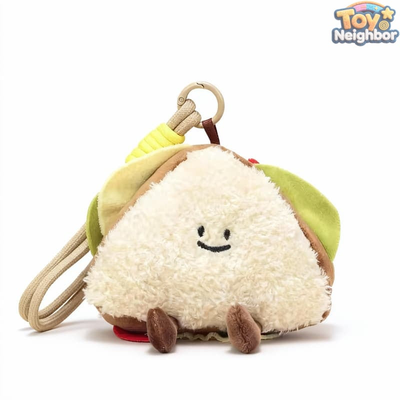 Kawaii onigiri plush keychain by ToyNeighbor, featuring a 4" rice ball with a smiley face, soft charm design.