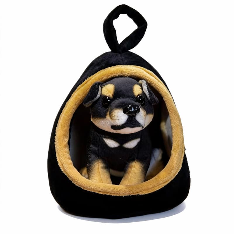 Rottweiler plushie nestled in a soft pet bed, showcasing a cozy nest set by ToyNeighbor, 7 inches in size.