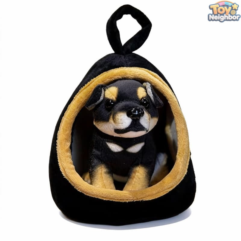 Rottweiler plushie sitting in a cozy nest set with a soft pet bed, featuring ToyNeighbor's 7" detachable stuffed animal design.