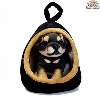 Rottweiler plushie sitting in a cozy nest set with a soft pet bed, featuring ToyNeighbor's 7" detachable stuffed animal design.