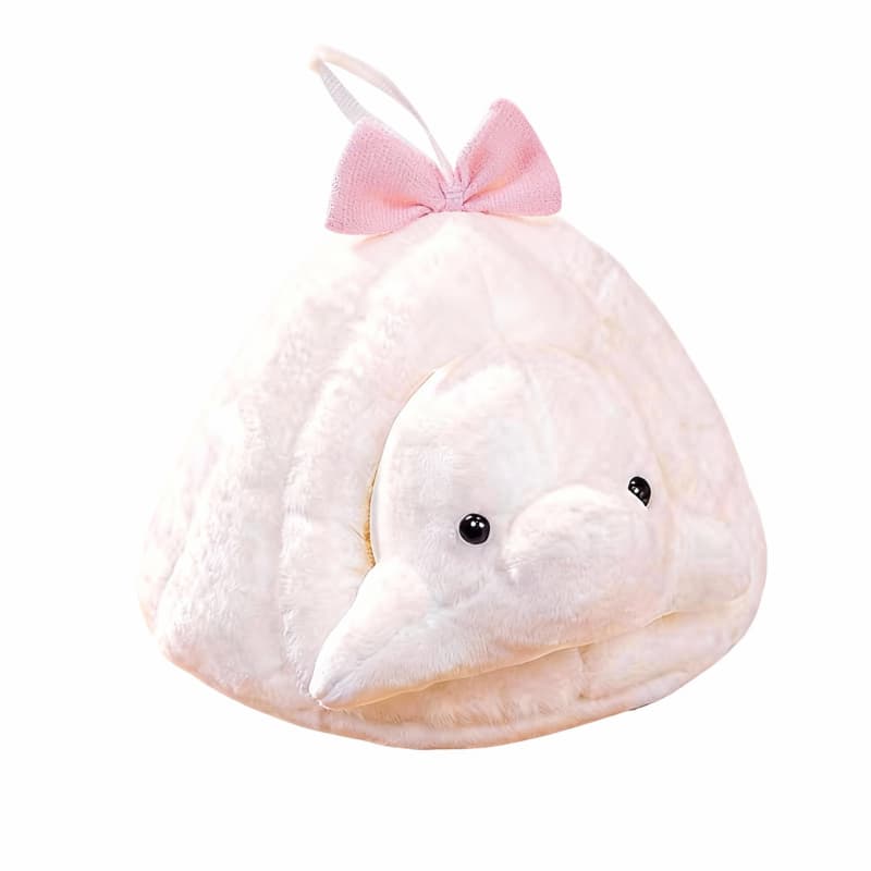 Kawaii 7" white dolphin plush pendant nestled in a cozy nest, designed by ToyNeighbor for cuddly companionship.