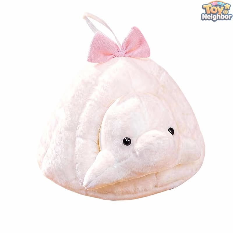 Kawaii white dolphin plush pendant in a cozy nest, 7-inch ToyNeighbor stuffed animal with soft, cuddly texture.