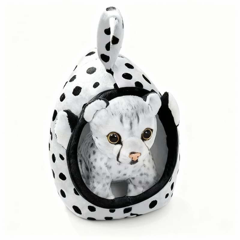 Snow Leopard plushie resting in a cozy nest, featuring a 7" soft pet bed, by ToyNeighbor.