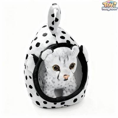 Snow Leopard plushie resting in a cozy nest, featuring a 7" soft pet bed and detachable design by ToyNeighbor.