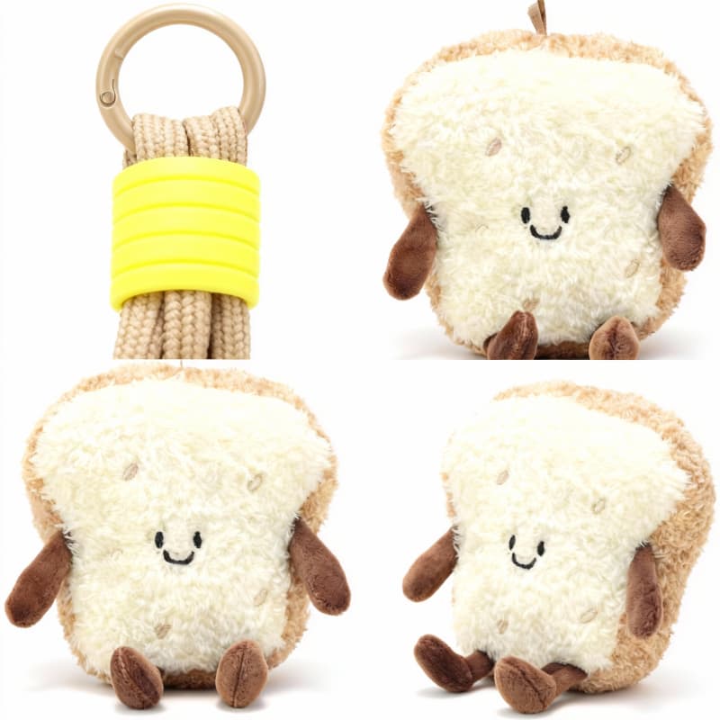 Cute smiling toast plush keychain from ToyNeighbor, 4" stuffed charm with vibrant colors and soft texture.