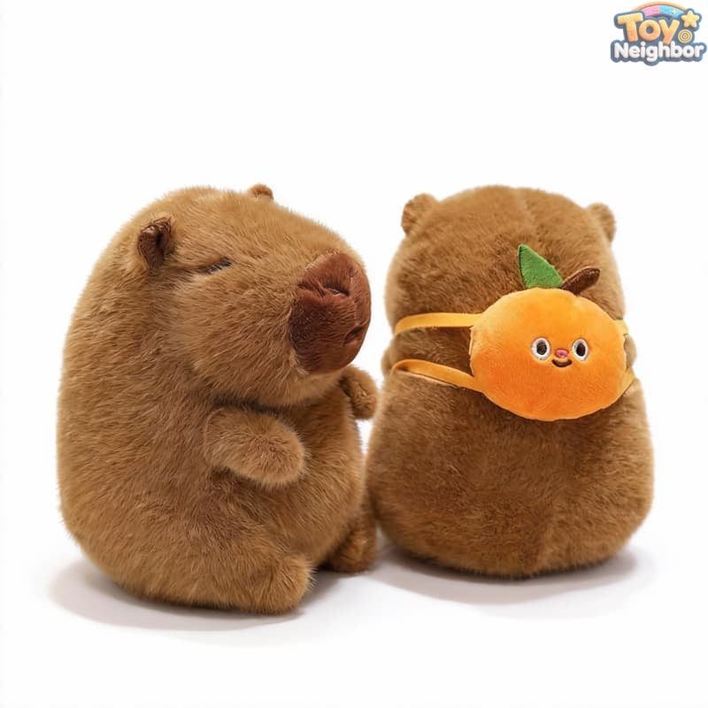 Brown capybara plushie with a cheeky bag, 7.8 inches tall, by ToyNeighbor, showcasing its cute design and soft texture.