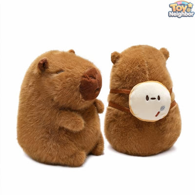 Brown capybara plushie with a bread bag, measuring 7.8 inches, from ToyNeighbor, showcasing its cute, soft design.