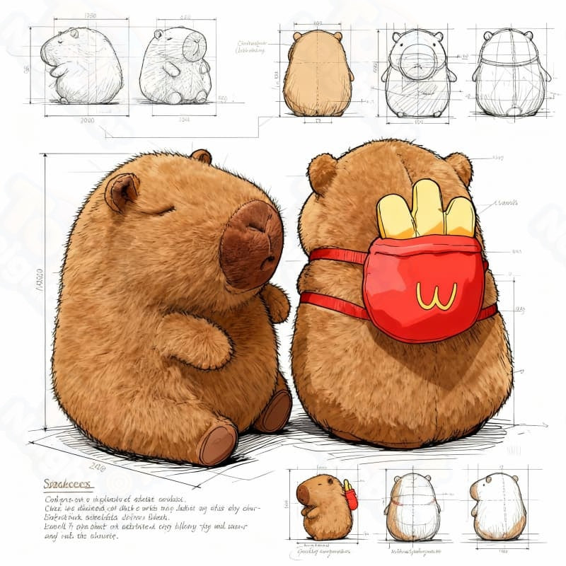 Brown capybara plushie with fries bag, 7.8 inches, by ToyNeighbor, showcasing its cute features and soft texture.