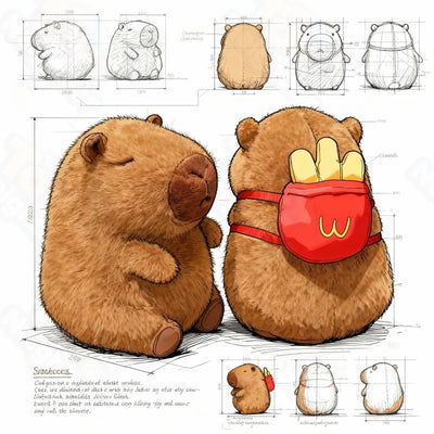 Brown capybara plushie with fries bag, 7.8 inches, by ToyNeighbor, showcasing its cute features and soft texture.