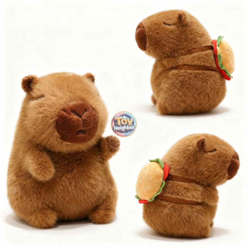 Brown capybara plushie with burger bag, 7.8" cute stuffed animal by ToyNeighbor, showcasing soft fur and adorable features.