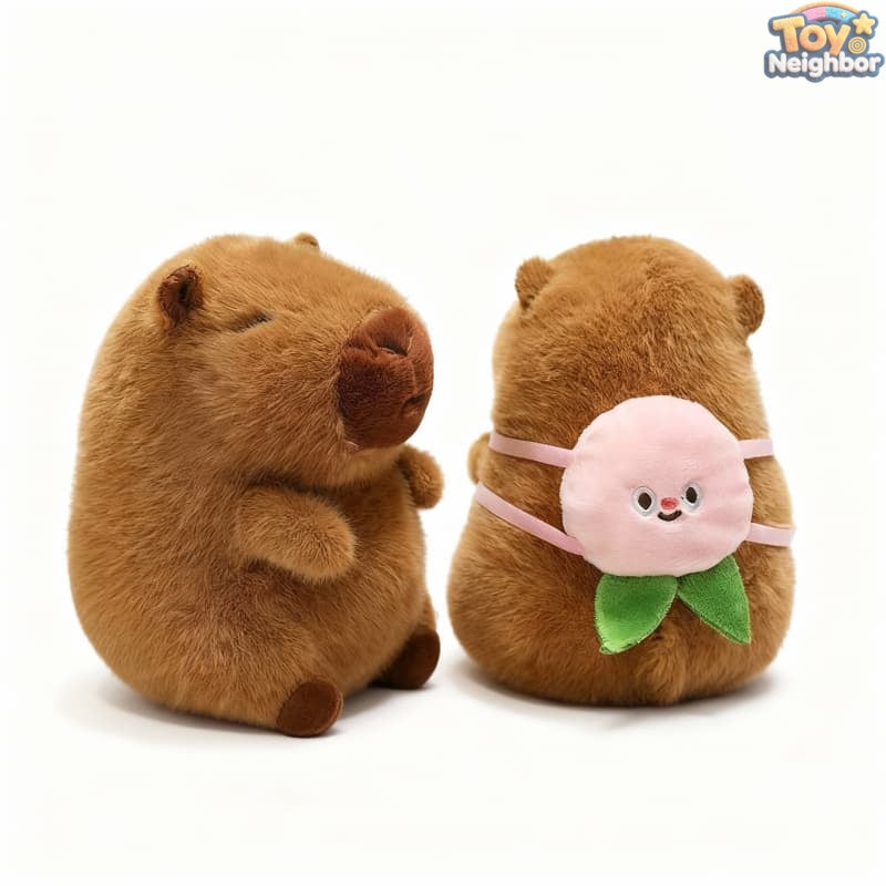 Brown capybara plushie by ToyNeighbor, 7.8" tall, nestled in a peach bag, showcasing its cute and cuddly design.