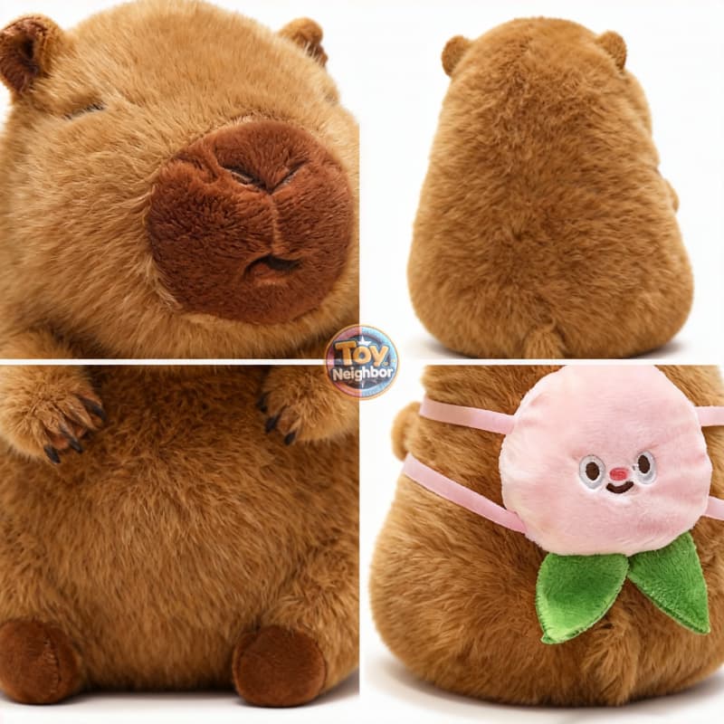 Brown capybara plushie with a peach bag, 7.8 inches tall, featuring cute and soft details from ToyNeighbor.