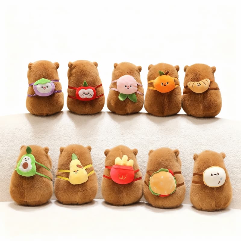 Brown capybara plushie from ToyNeighbor with a colorful food backpack, perfect for cuddling and playtime.