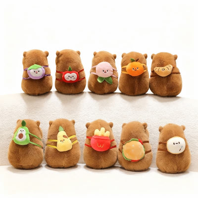 Brown capybara plushie from ToyNeighbor with a colorful food backpack, perfect for cuddling and playtime.