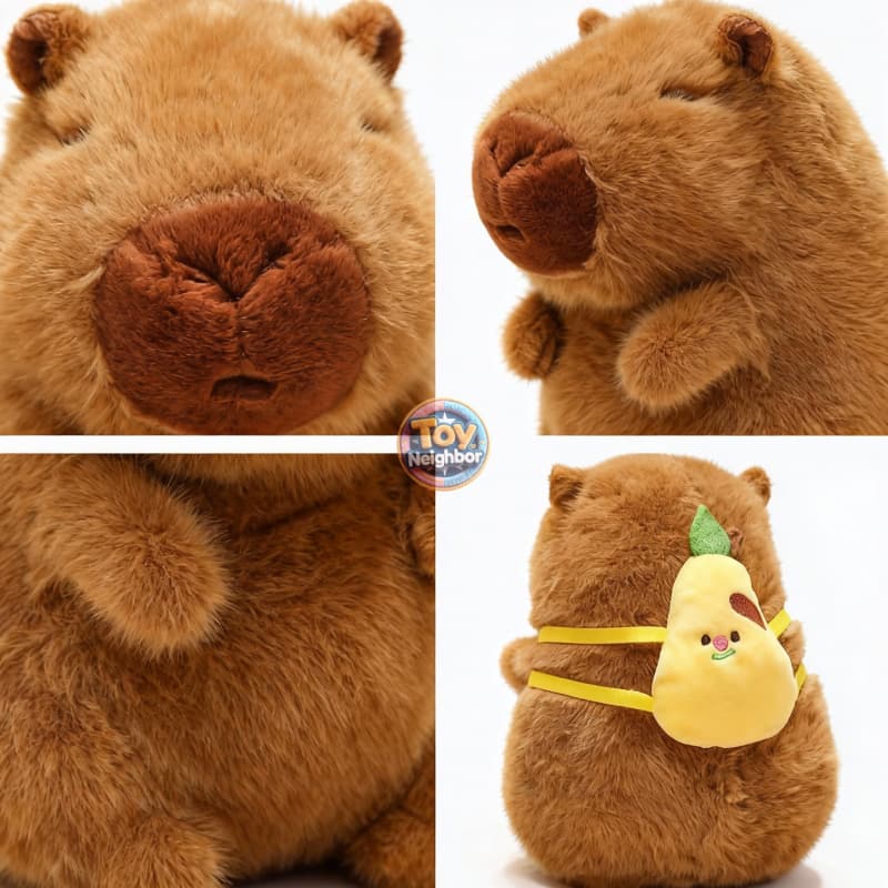 Brown ToyNeighbor capybara plushie with food backpack, featuring a cute and cuddly design.