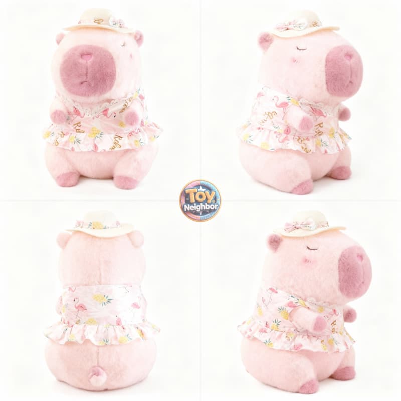 Pink capybara plushie wearing a floral dress and sun hat, 11.8 inches tall, by ToyNeighbor, resting on a soft surface.