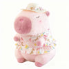 Pink capybara plushie wearing a floral dress and sun hat, measuring 11.8 inches, by ToyNeighbor.