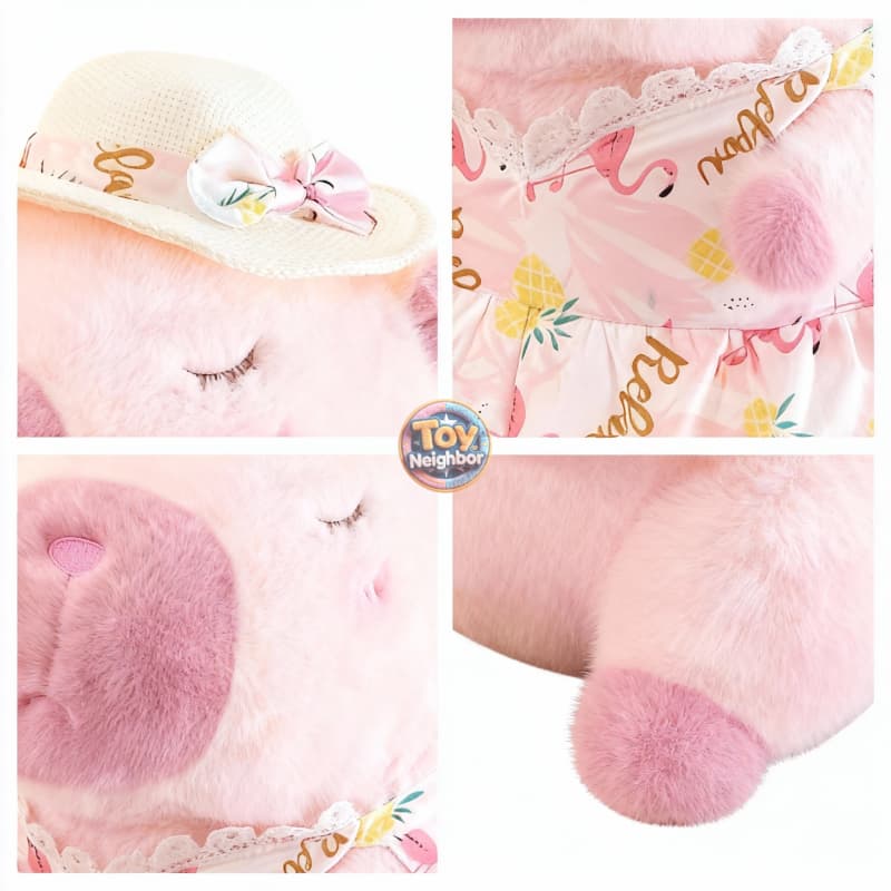 Cute pink capybara plushie dressed in a floral dress and sun hat, measuring 11.8 inches from ToyNeighbor.