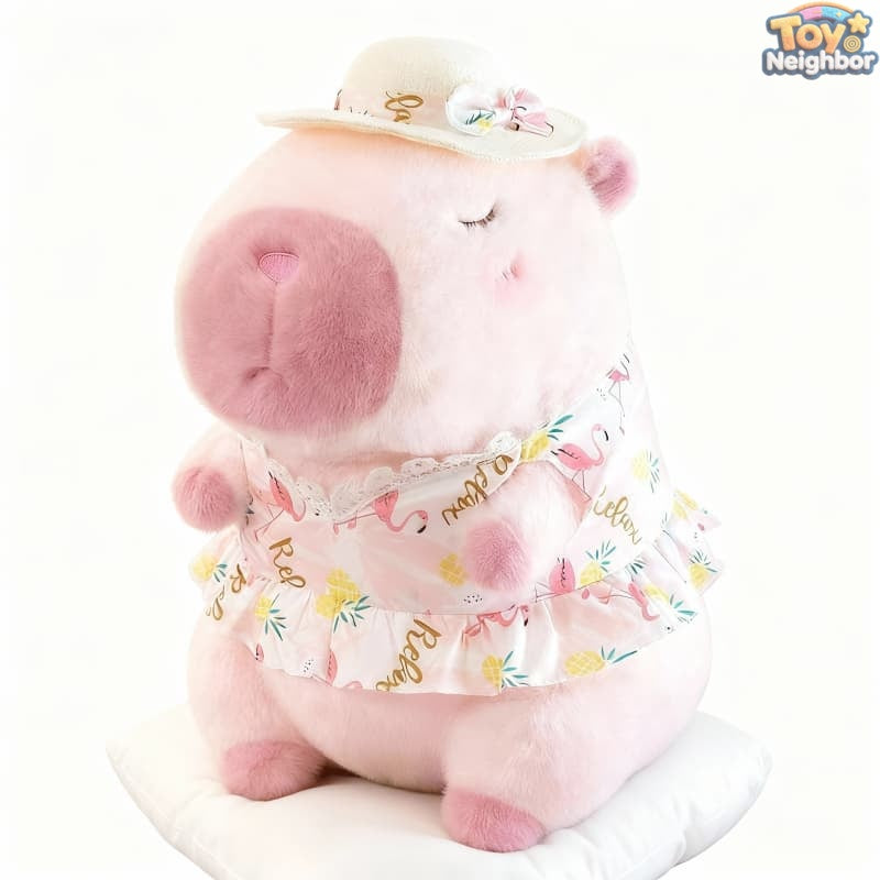 Pink capybara plush with floral dress and sun hat, 11.8-inch cute stuffed animal by ToyNeighbor.