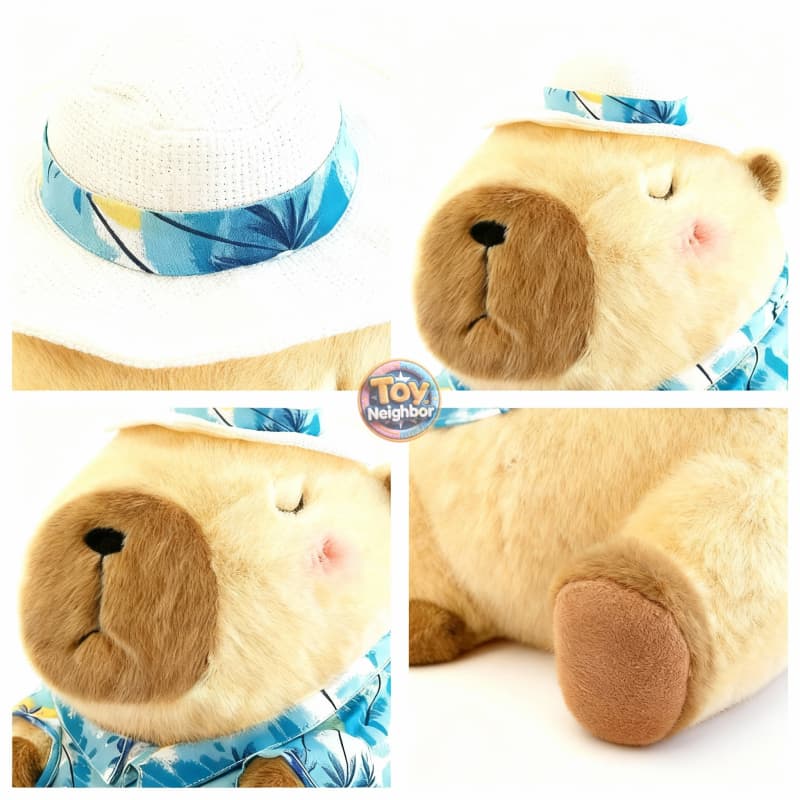 Brown capybara plushie wearing a Hawaiian shirt, 11.8 inches tall, by ToyNeighbor, showcasing its cute and cuddly features.