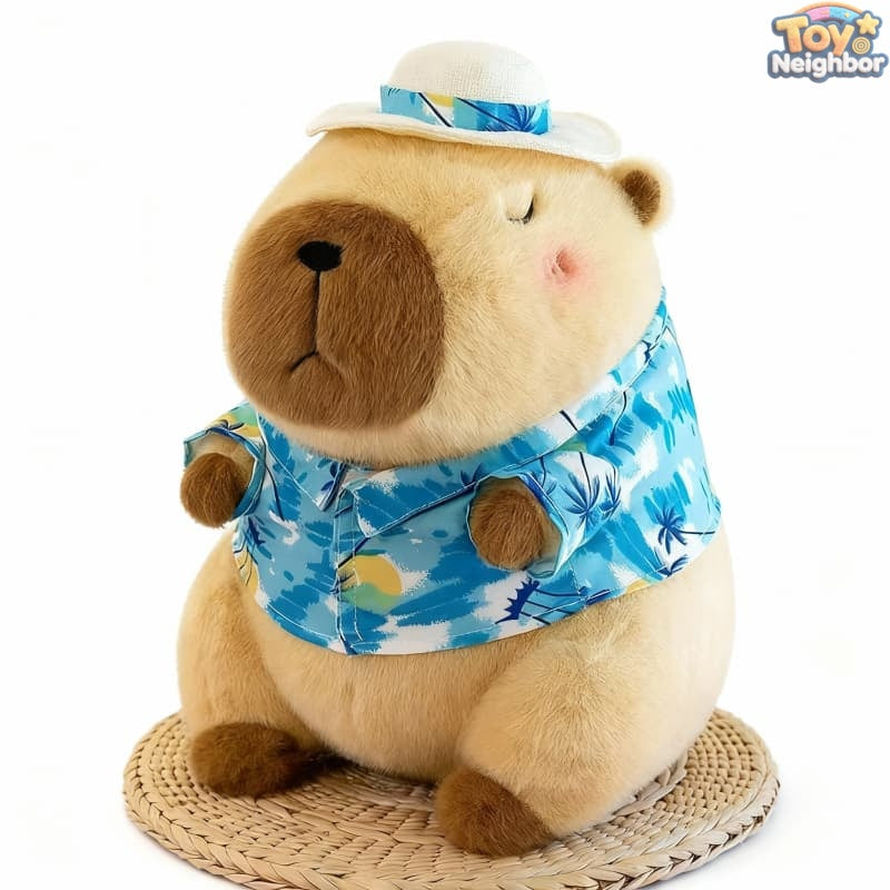 Brown capybara plush wearing a Hawaiian shirt, 11.8" cute stuffed animal by ToyNeighbor, showcasing its soft texture.