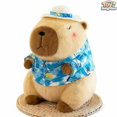 Brown capybara plush wearing a Hawaiian shirt, 11.8" cute stuffed animal by ToyNeighbor, showcasing its soft texture.