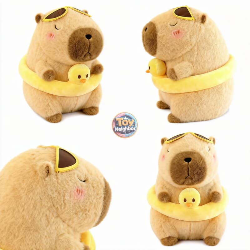Cute 11.8" ToyNeighbor capybara plushie wearing glasses and a yellow swim ring, perfect for cuddling or display.