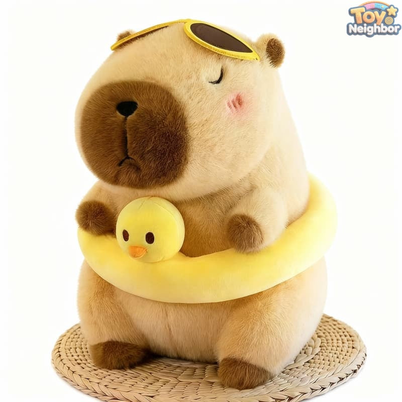 Capybara plush toy wearing yellow swim ring and glasses, 11.8 inches, by ToyNeighbor, perfect for cuddling and play.